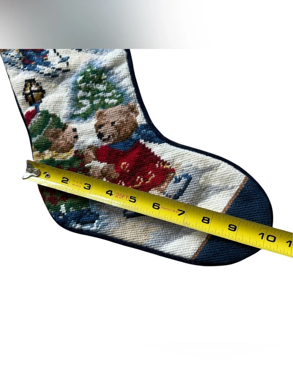Vintage Wool Needlepoint Dad Teddy Bear Christmas Stocking Ski Lodge Holiday 17”